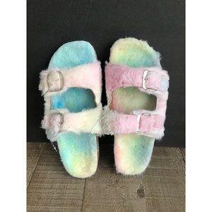 Womens Slippers Double Strap Faux Fur Slippers Double Buckle Open Toe Sandals Si